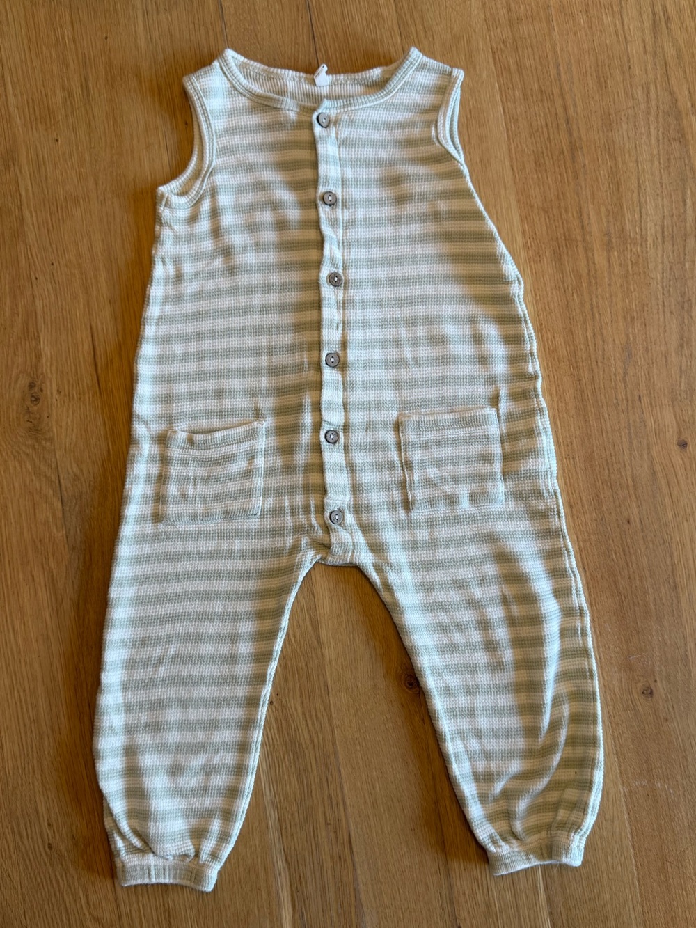 Quincy Mae Multi Striped Cream Sage Sleeveless Toddler One-Piece Romper 2-3y
